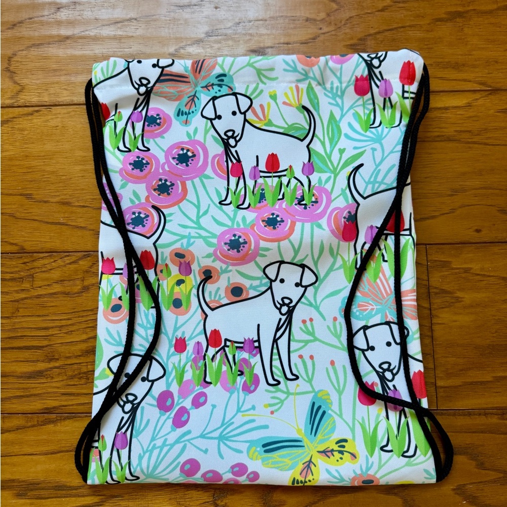 Pink Floral Drawstring Cinch Backpack with Dog Graphic Puppy Print Travel Tote - Picture 8 of 11